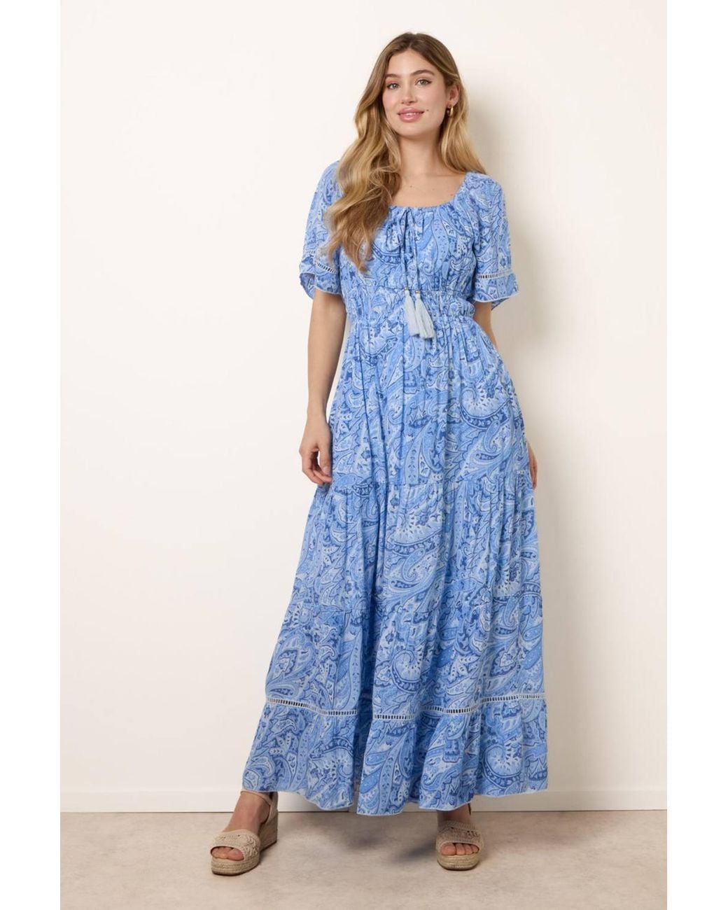 Blue Vanilla Blue Elasticated Waist Short Sleeve Bardot Maxi Dress