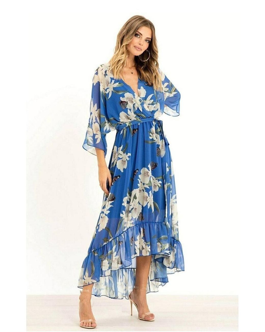 Yumi' Blue Floral Kimono Sleeves Dip Hem Wrap Midi Dress