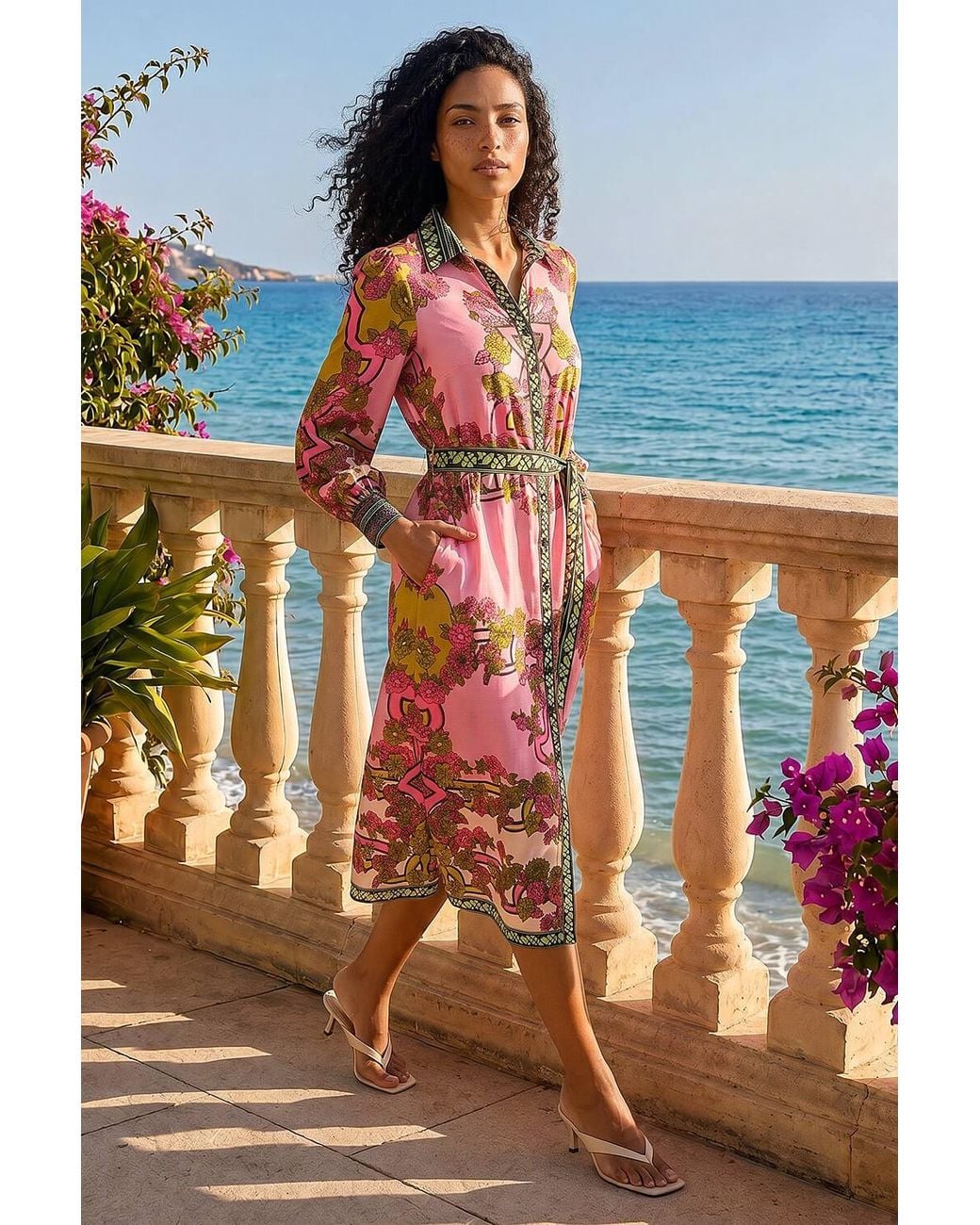 Roman Blue Floral Print Border Shirt Midi Dress