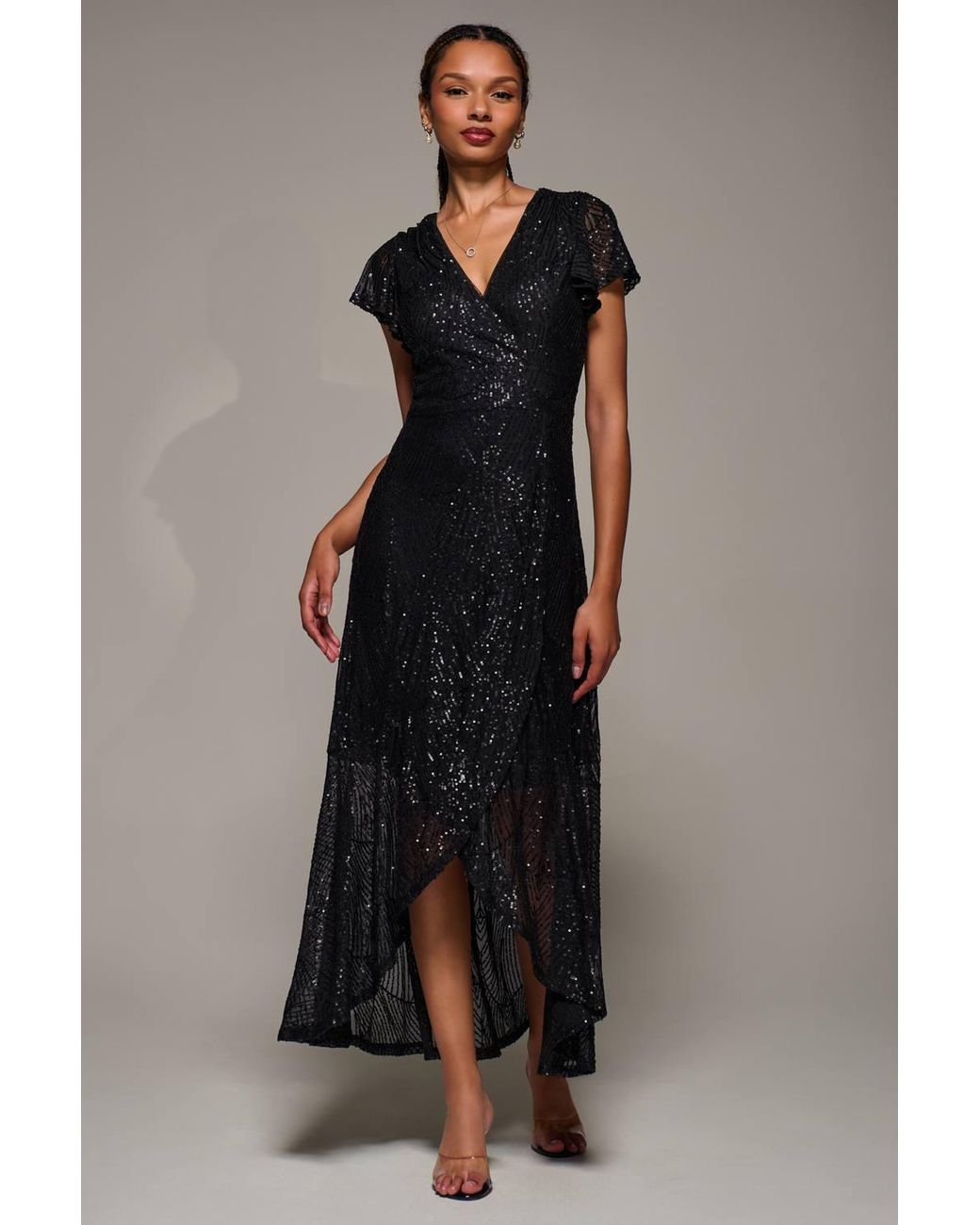 Jolie Moi Black Frill Short Sleeve Sequin Maxi Dress