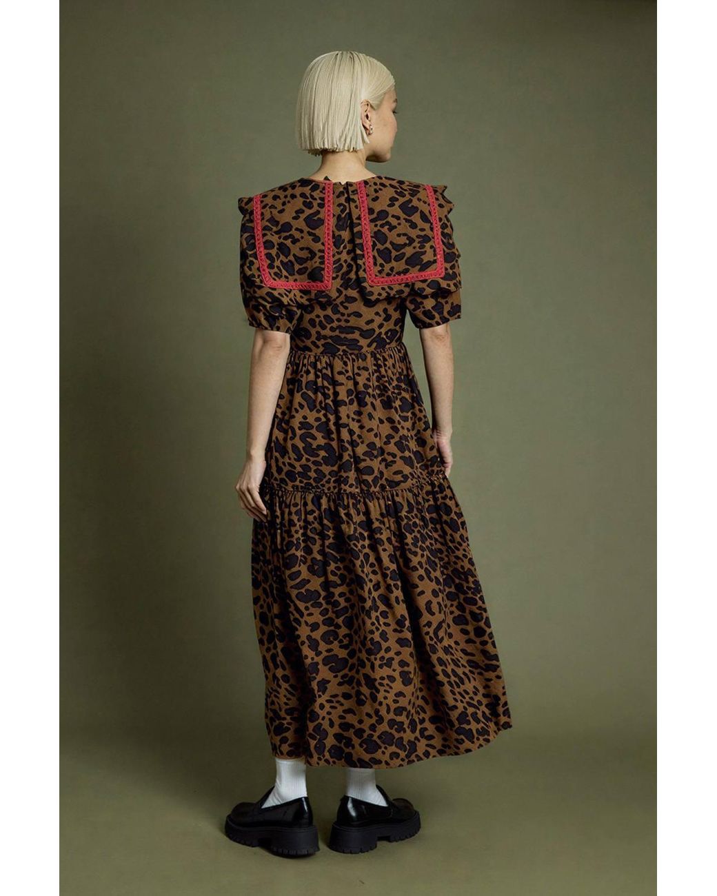 Neon Rose Green Cotton Leopard Print Crochet Trim Midi Dress