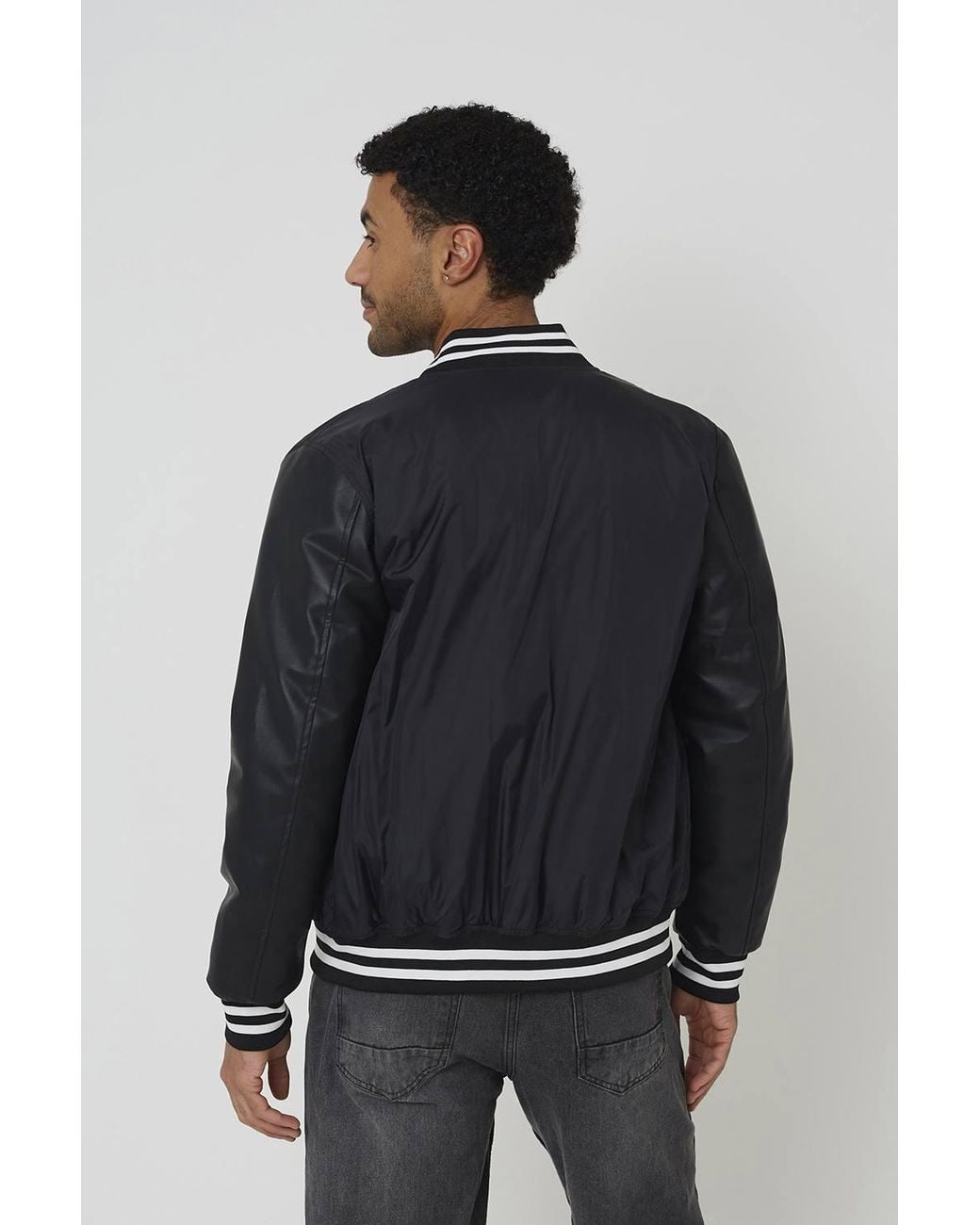 Brave Soul Gray Varsity Style Jacket With Pu Sleeves for men