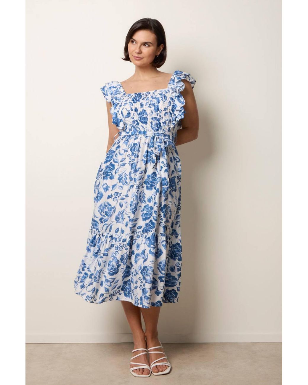 Blue Vanilla Blue Frill Sleeveless Dress With Floral Print