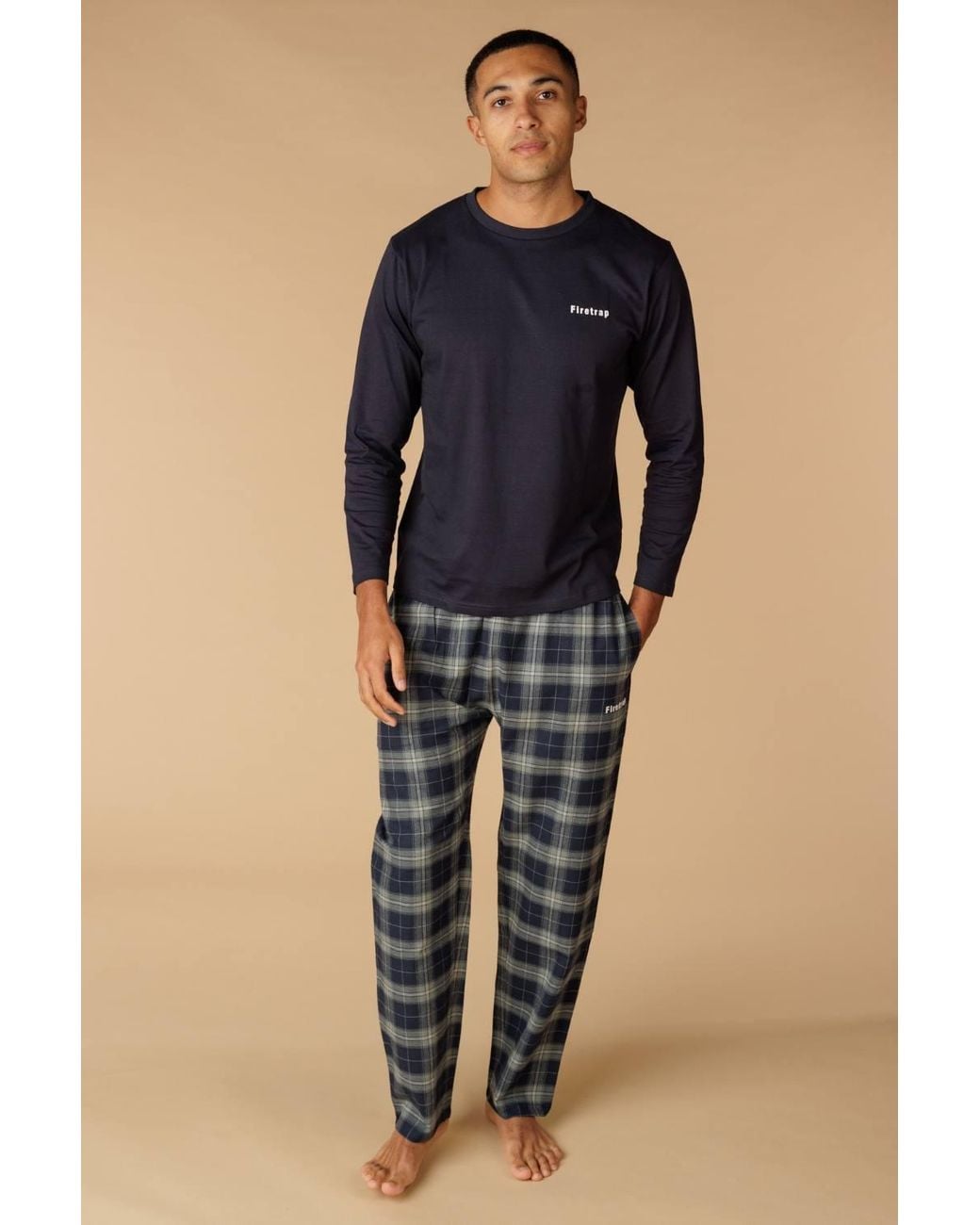Firetrap Blue Cotton Check 2 Piece Long Sleeve Pyjama Set for men