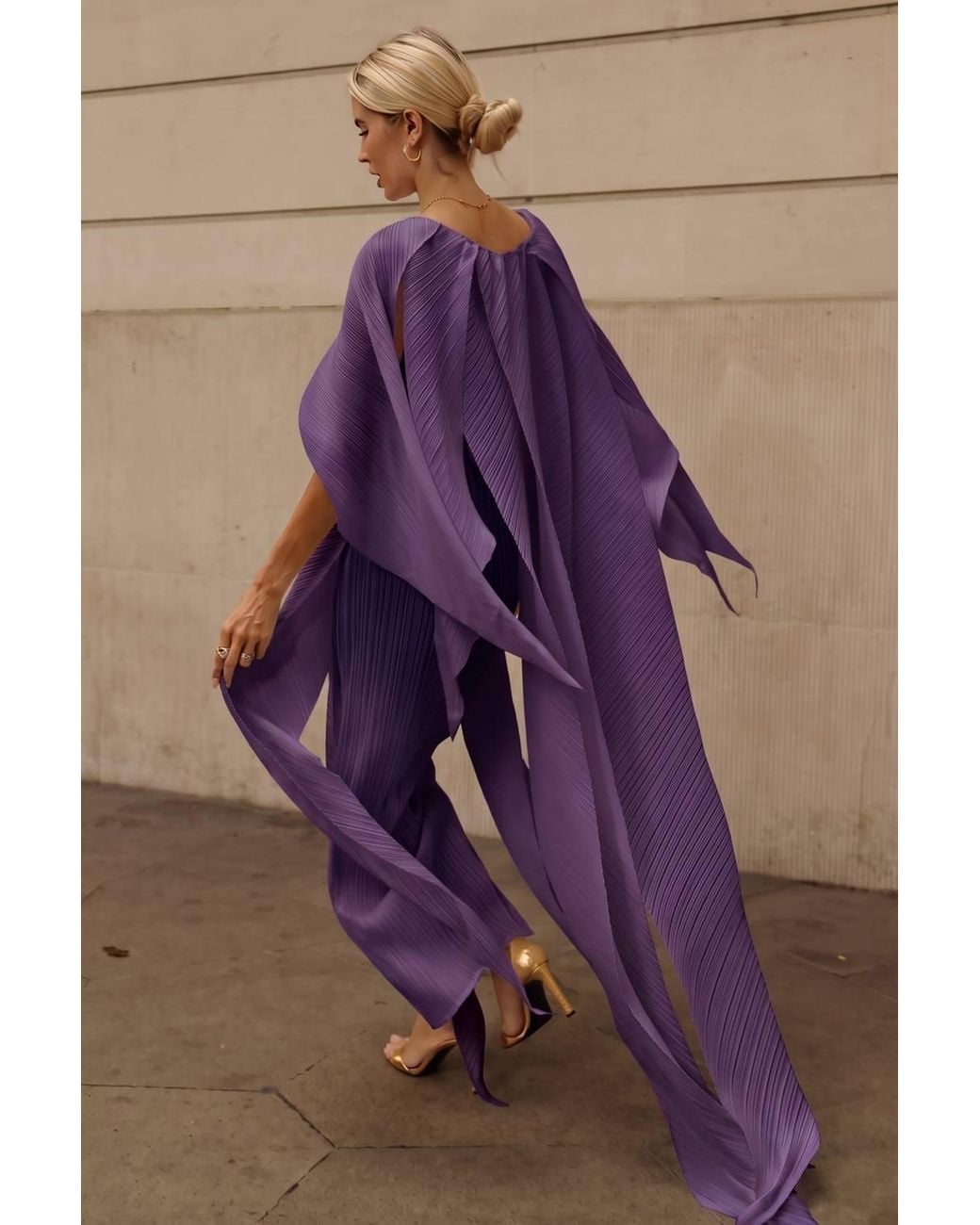 CY Purple Elegant Pleated Cape Sleeve Maxi Dress With Tie Waist