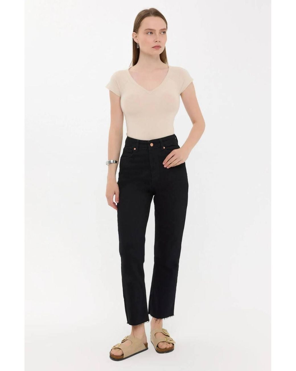 Hiccup Black Basic Cap-Sleeve V-Neck T-Shirt
