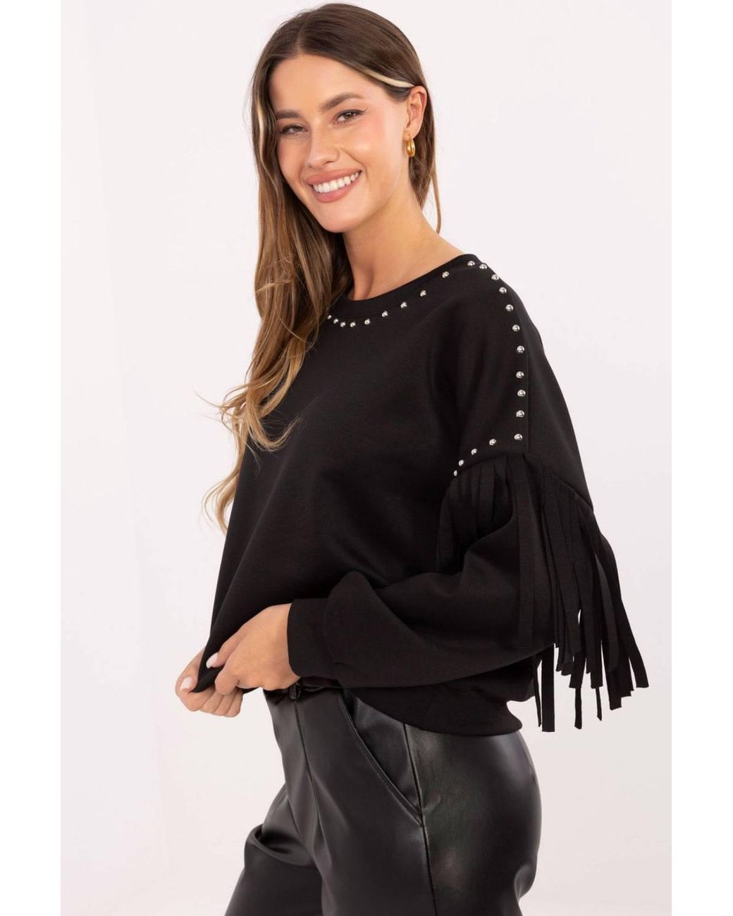 Love Lace Black Stud Trim Fringe Sleeve Casual Blouse