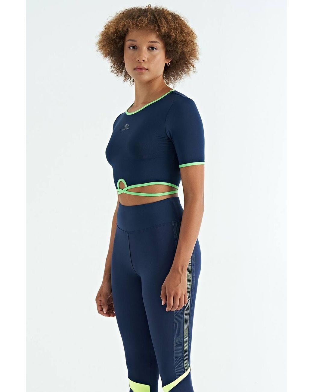 TOMMY LIFE Blue Elastic Crop T-Shirt With Crew Neck