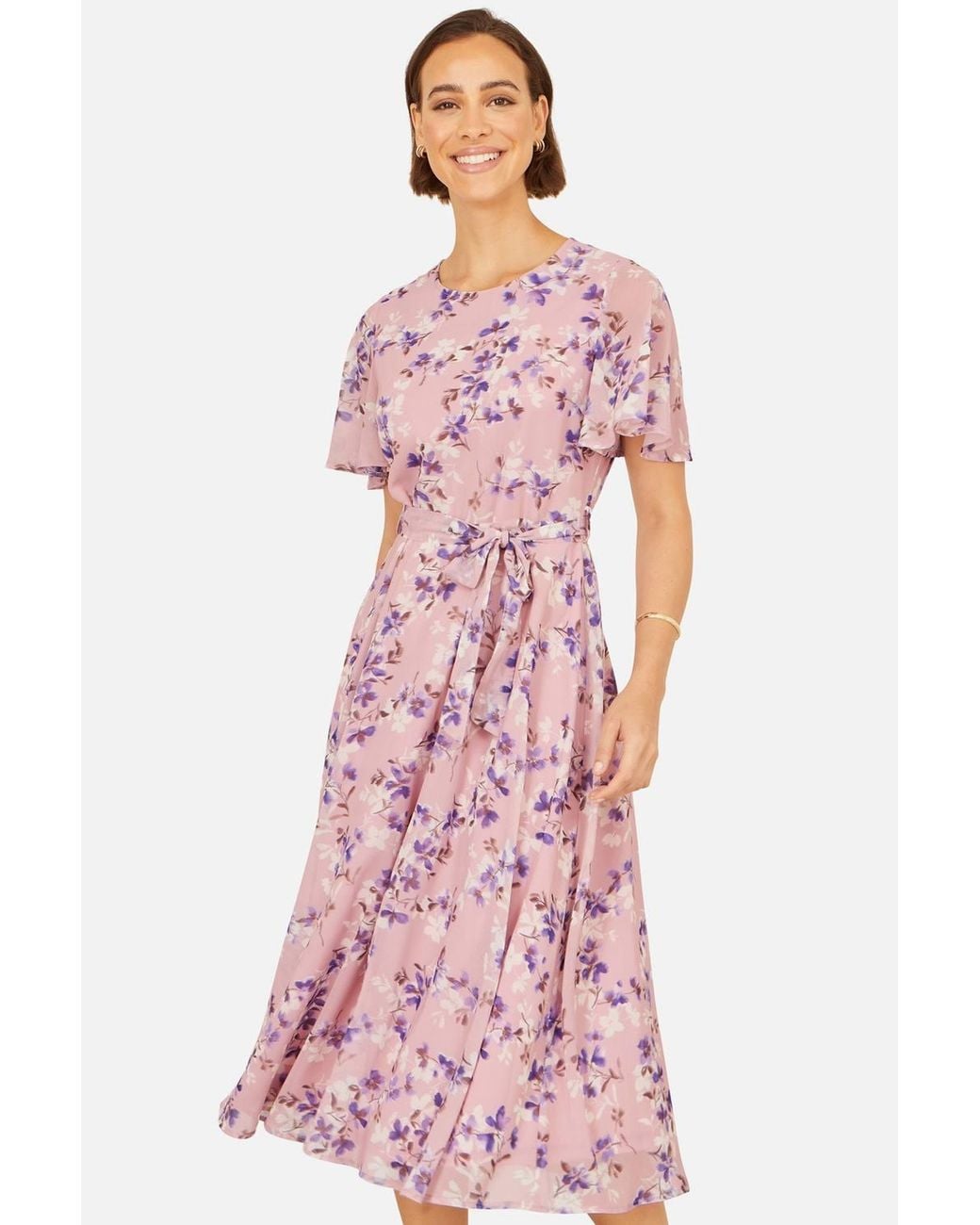 Yumi' Pink Blossom Skater Midi Dress With Angel Sleeves