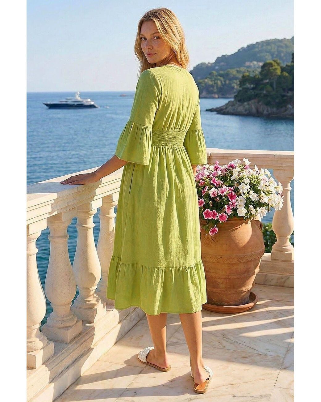 Roman Blue Linen Look Shirred Midi Dress