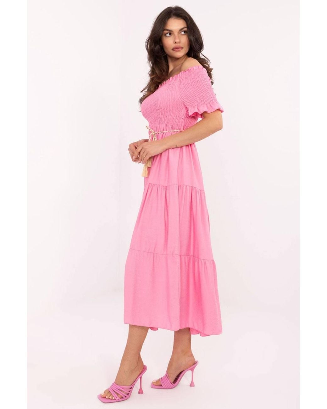 Love Lace Pink Flared Summer Midi Dress With Tie Belt