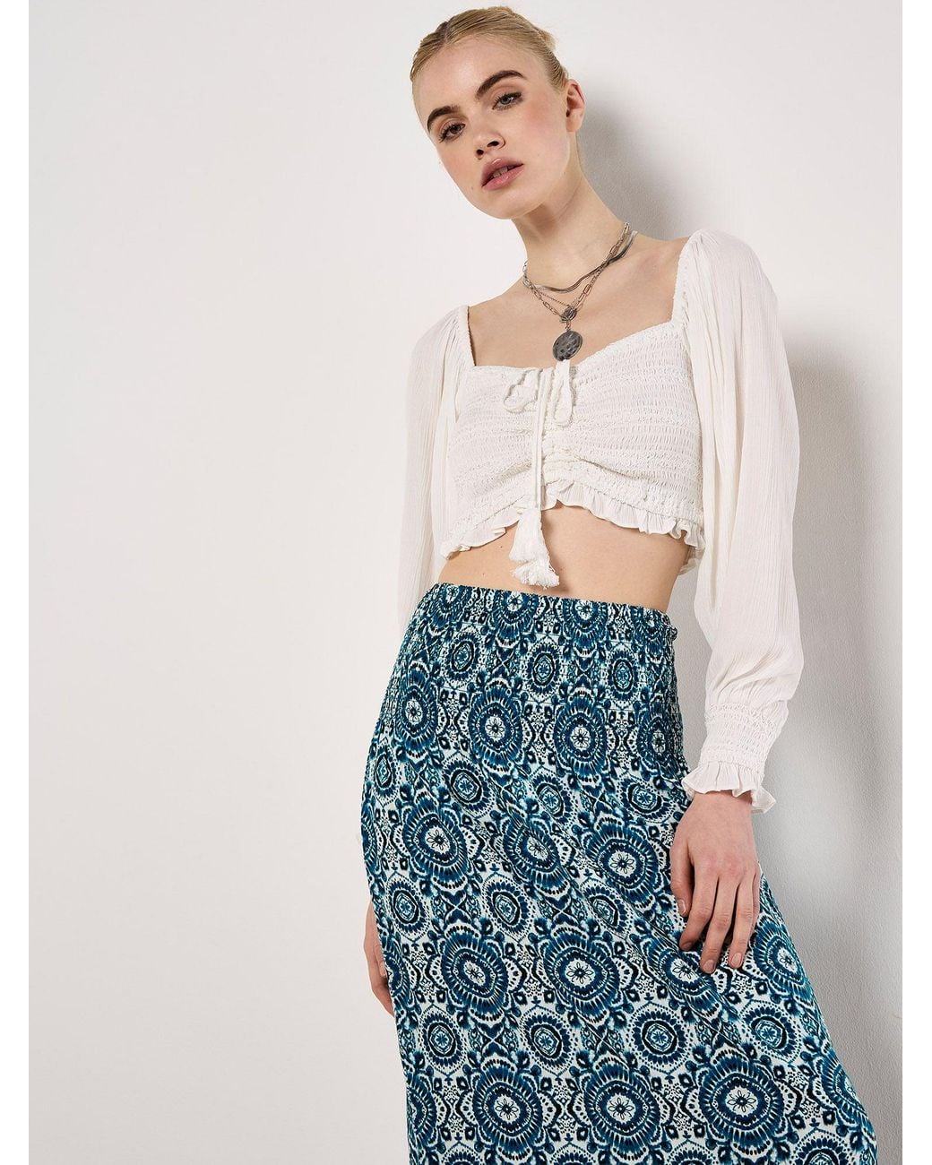 Apricot Blue Batik Print Smocked Maxi Skirt