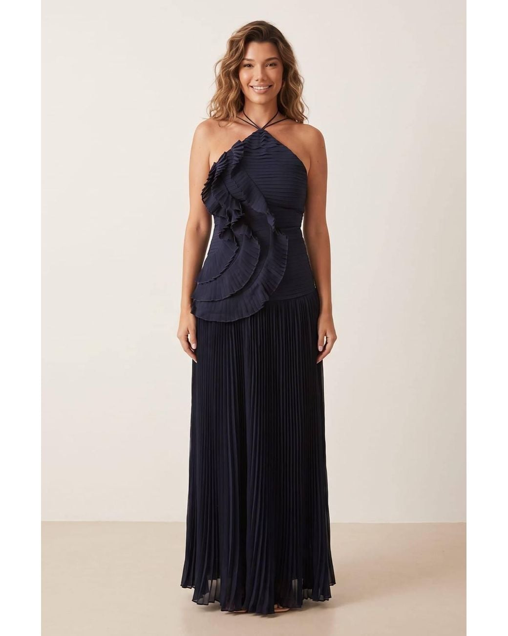 Style Cheat Blue Pleated Halter Tie Dress