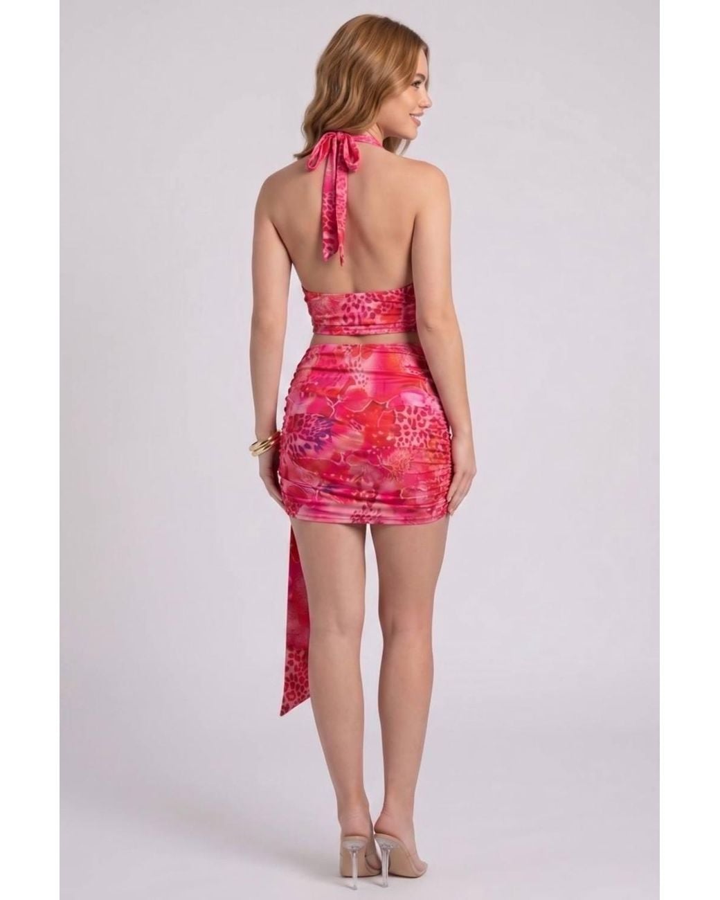 Stylewise Red Floral Halter Neck Crop Top & Ruched Skirt Drape Co-Ord