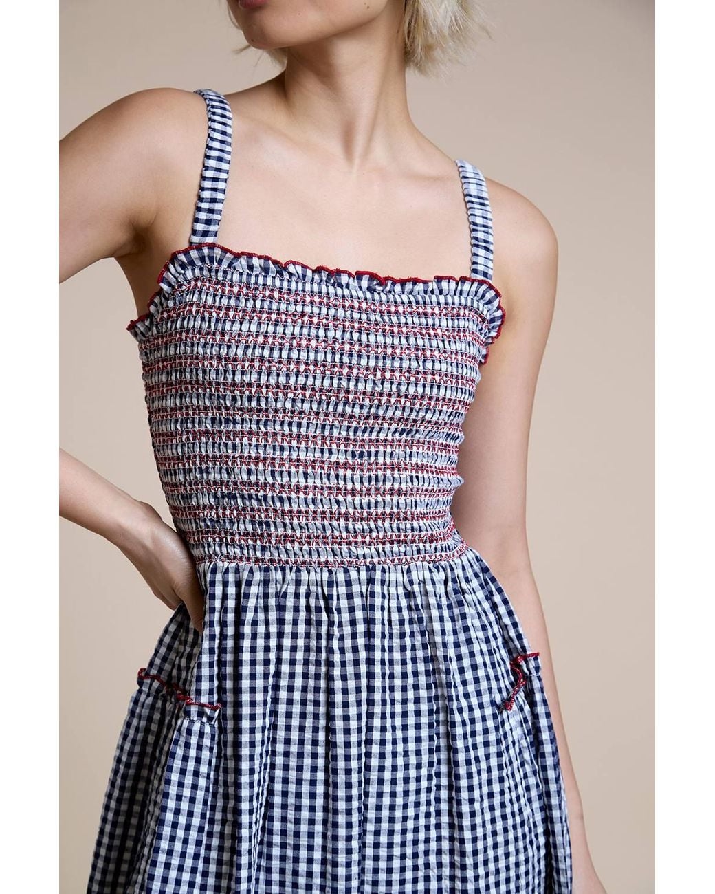 Neon Rose Blue Cotton Shirred Ruffle Detail Midaxi Dress
