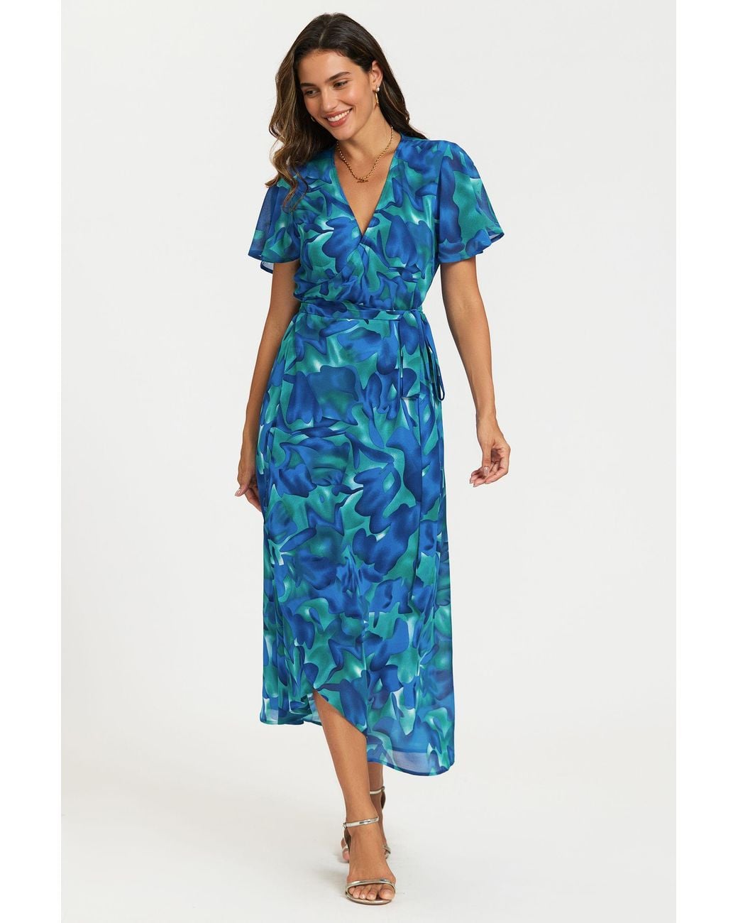 FS Collection Blue Abstract Floral Print Wrap Maxi Dress