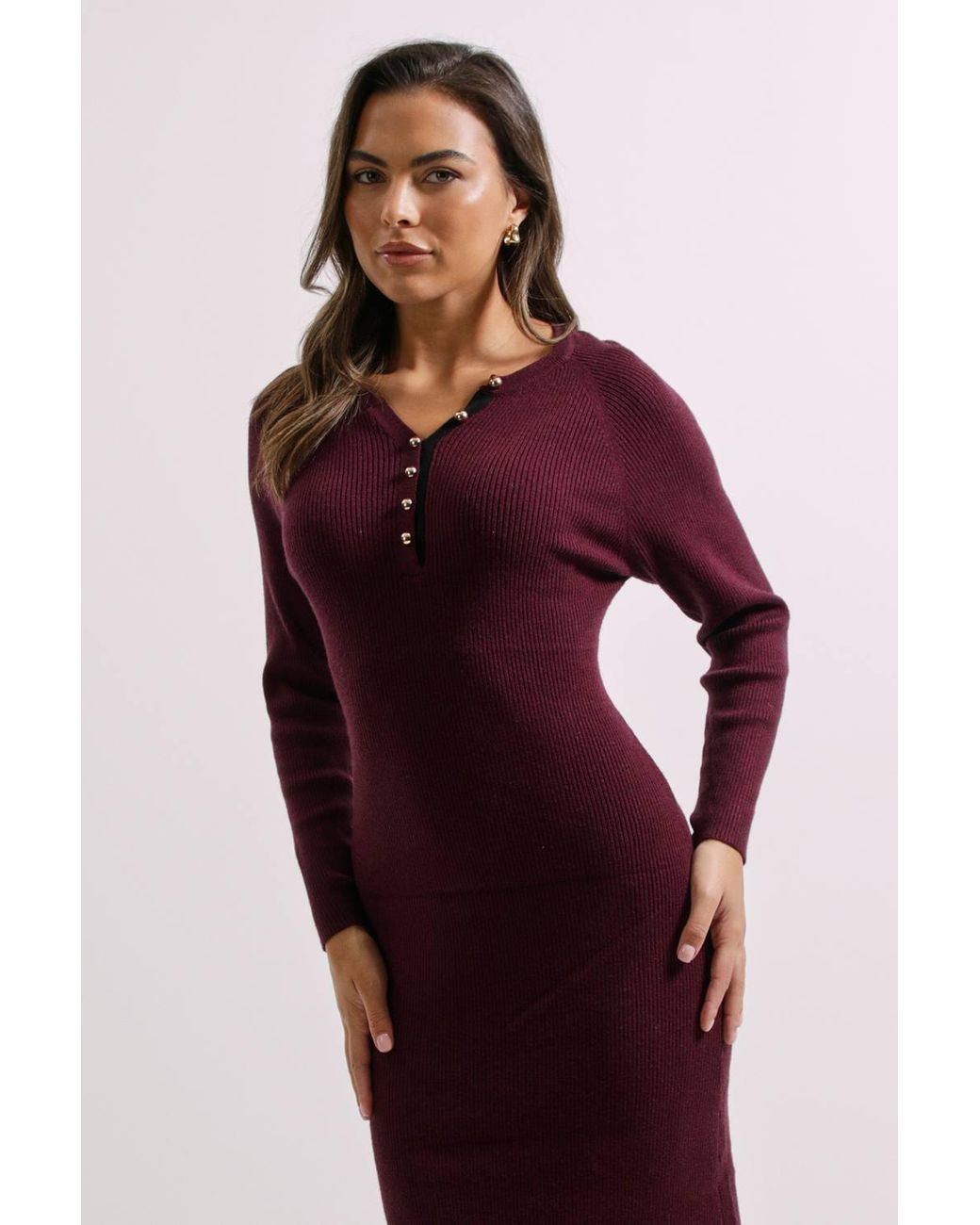 Dorothy Perkins Purple Henley Crew Knitted Midi Dress