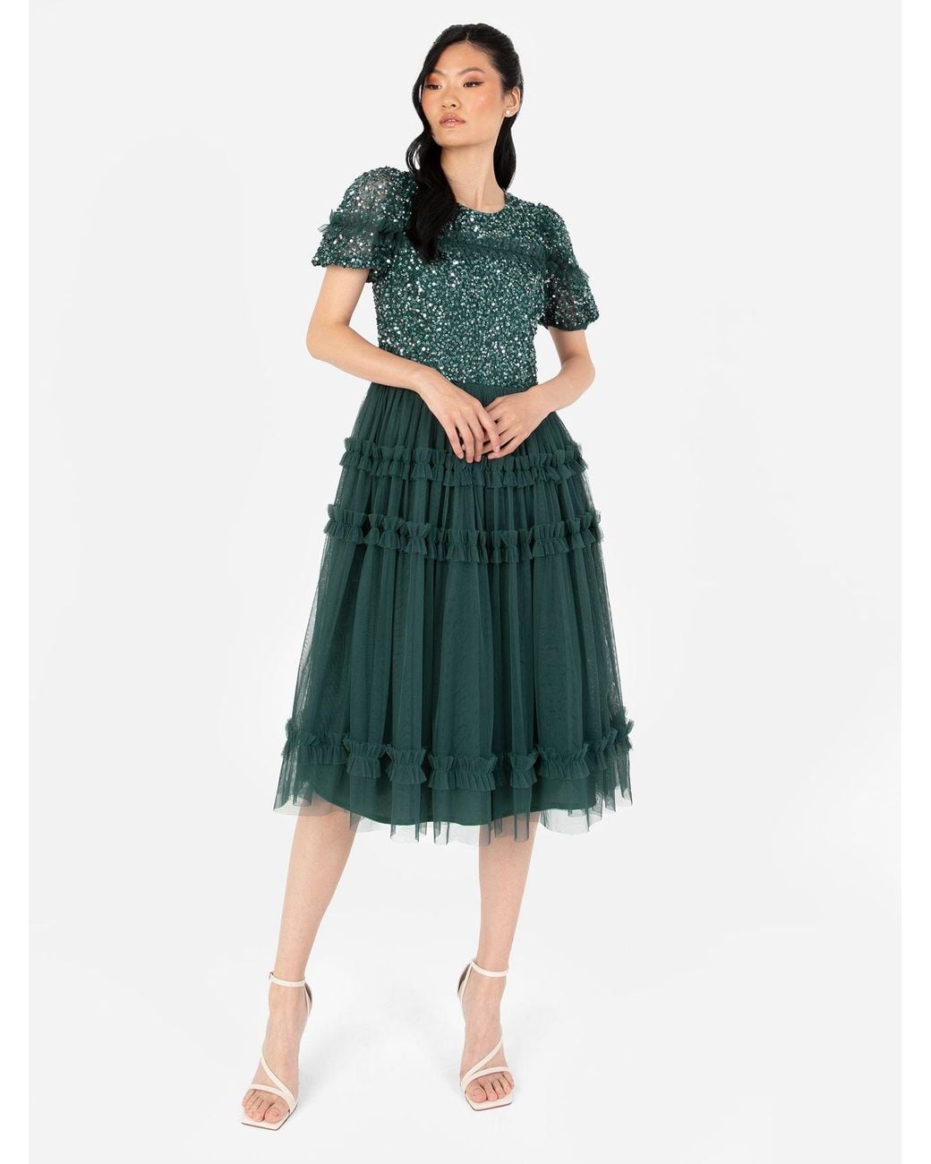 Maya Deluxe Green Embellished Short Sleeve Midi Dress