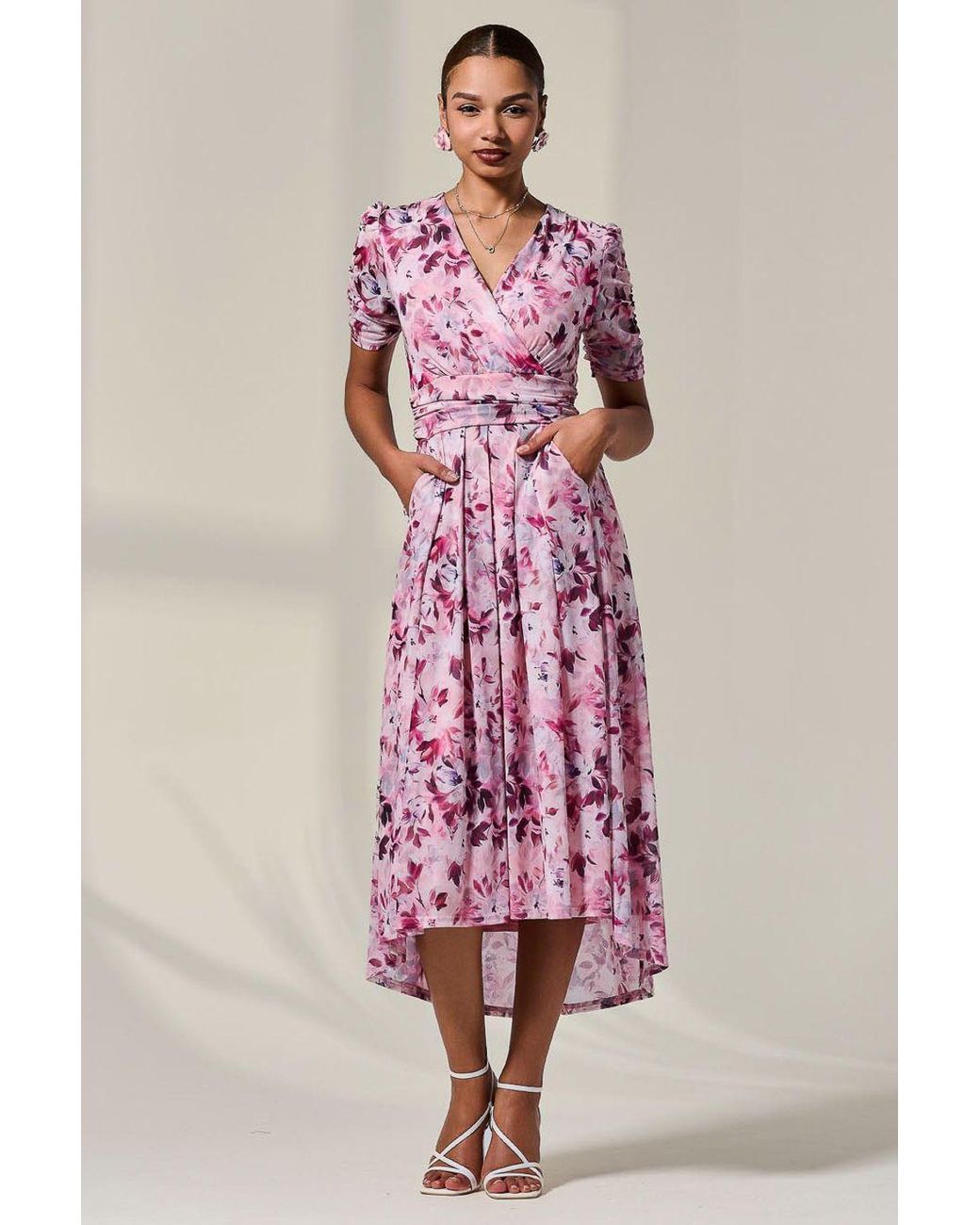 Jolie Moi Pink Petite Wrap Front Ruched Sleeve Midi Dress