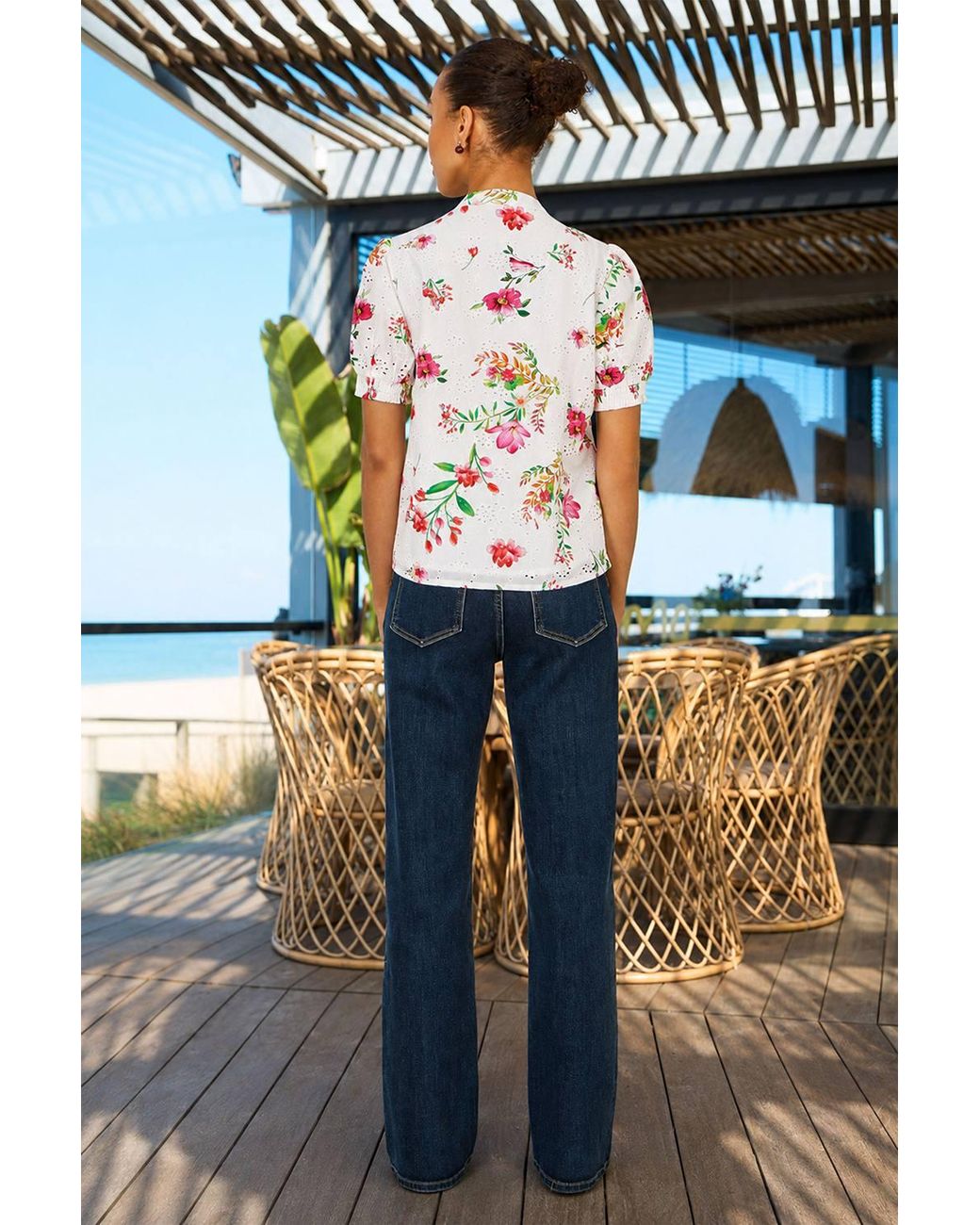Yumi' Blue Cotton Broderie Anglaise Floral Shirt