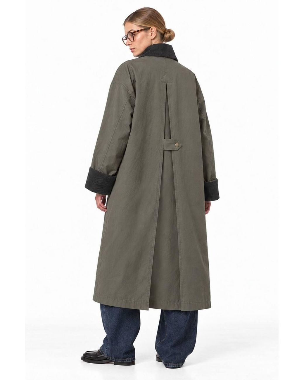Hiccup Blue Oversized Long Trench Coat With Velvet Collar & Plaid Lining