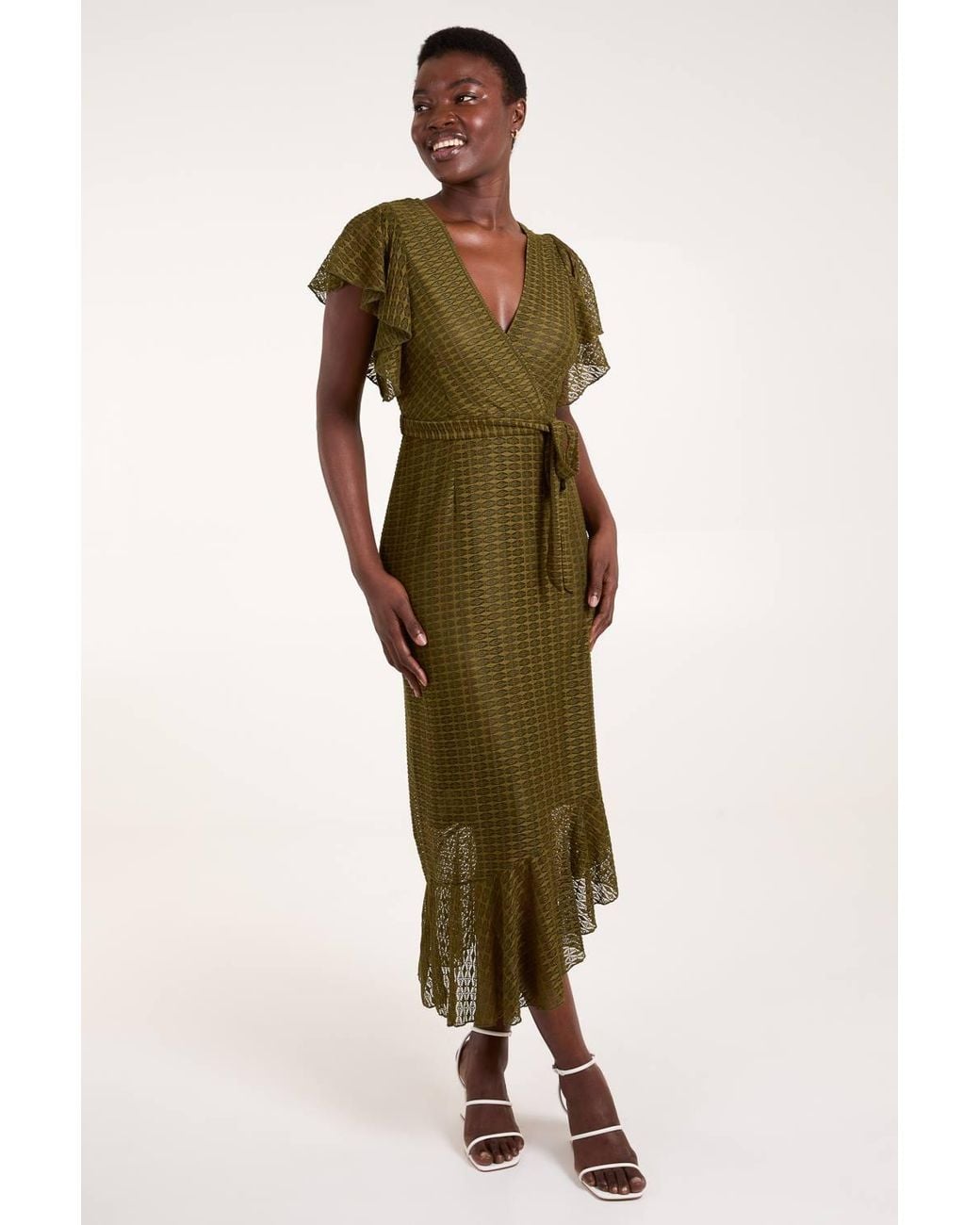 Blue Vanilla Green Lace Wrap Midi Dress