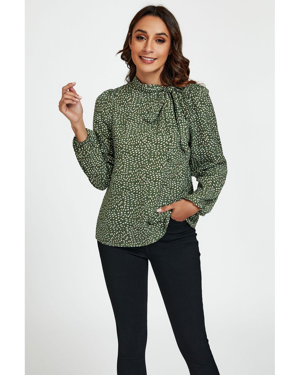 FS Collection Green Floral Print Side Tie Blouse Top