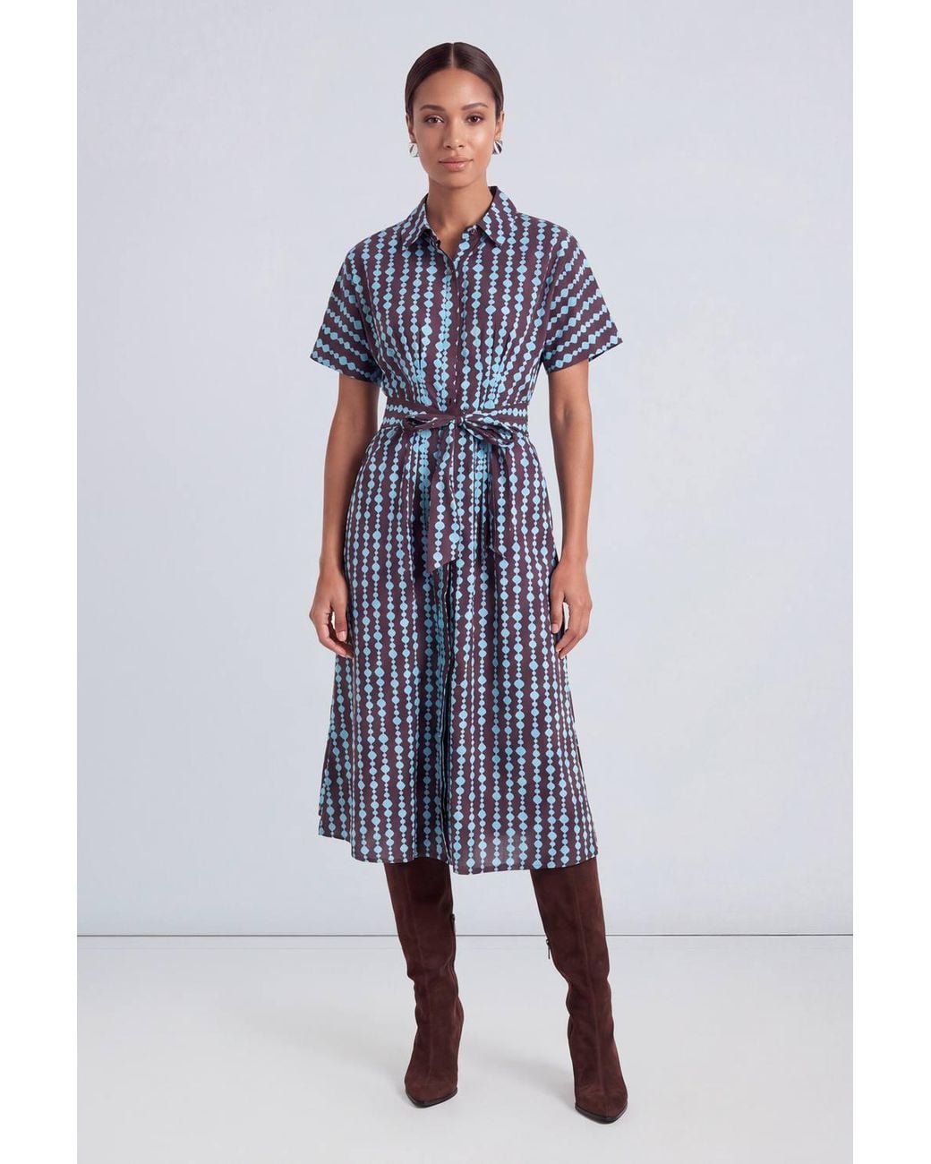 PRINCIPLES Blue Geo Belted Collar Midi Dress