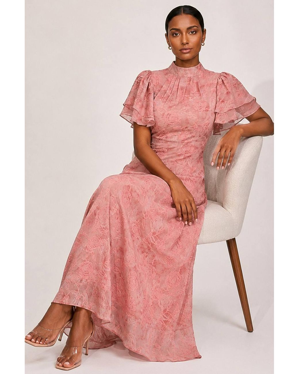 Jolie Moi Pink High Neck Angel Sleeve Chiffon Maxi Dress