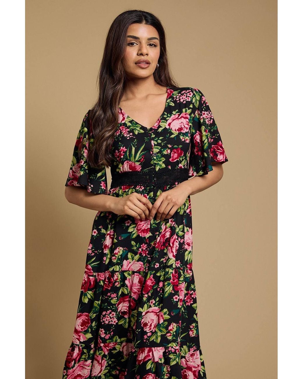 Dorothy Perkins Brown Petite Floral Lace Trim Button Detail Angel Sleeve Printed Midi Dress