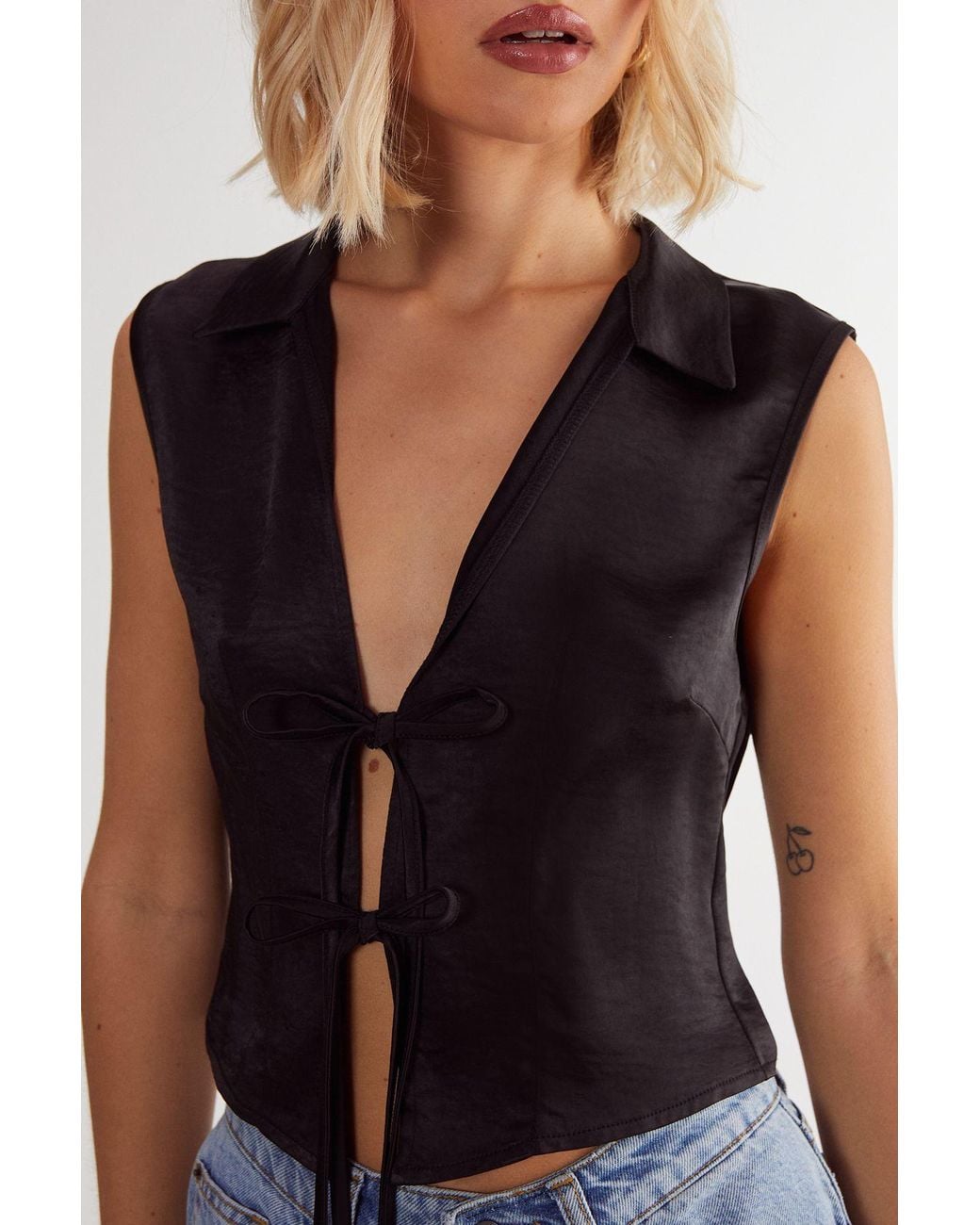 Nasty Gal Blue Textured Satin Tie Front Collared Top