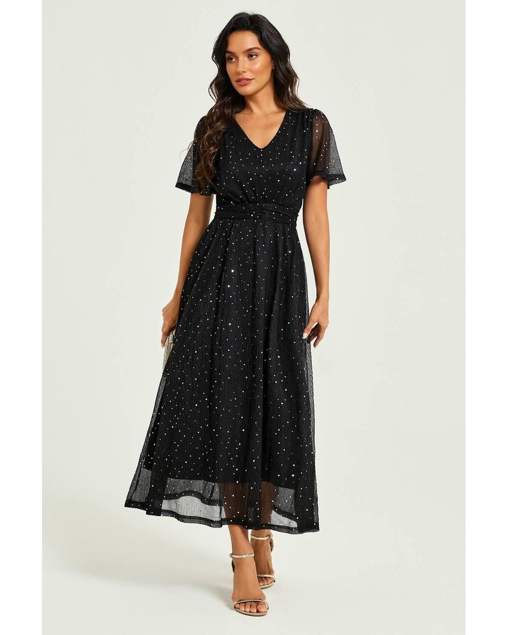 FS Collection Black Sequin Pleated Ruched Waist Midi Dress