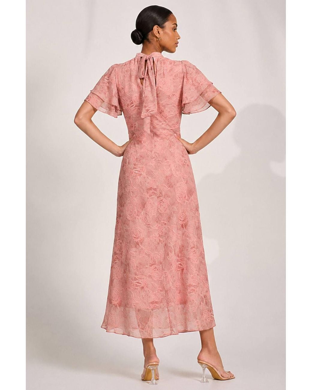 Jolie Moi Pink High Neck Angel Sleeve Chiffon Maxi Dress