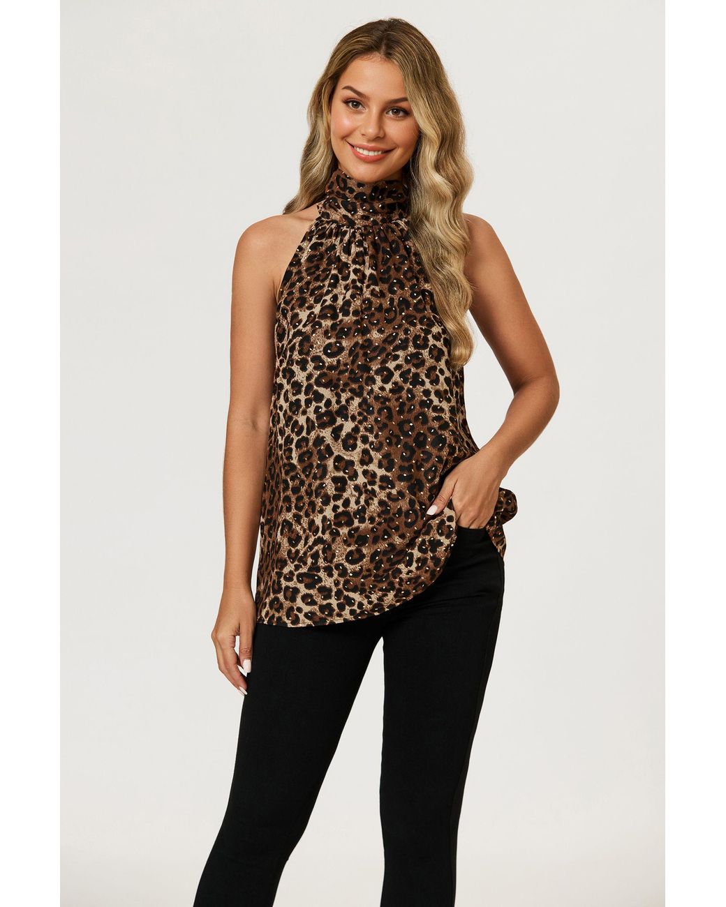 FS Collection Black Leopard Print Foil Halter Neck Tie Back Top