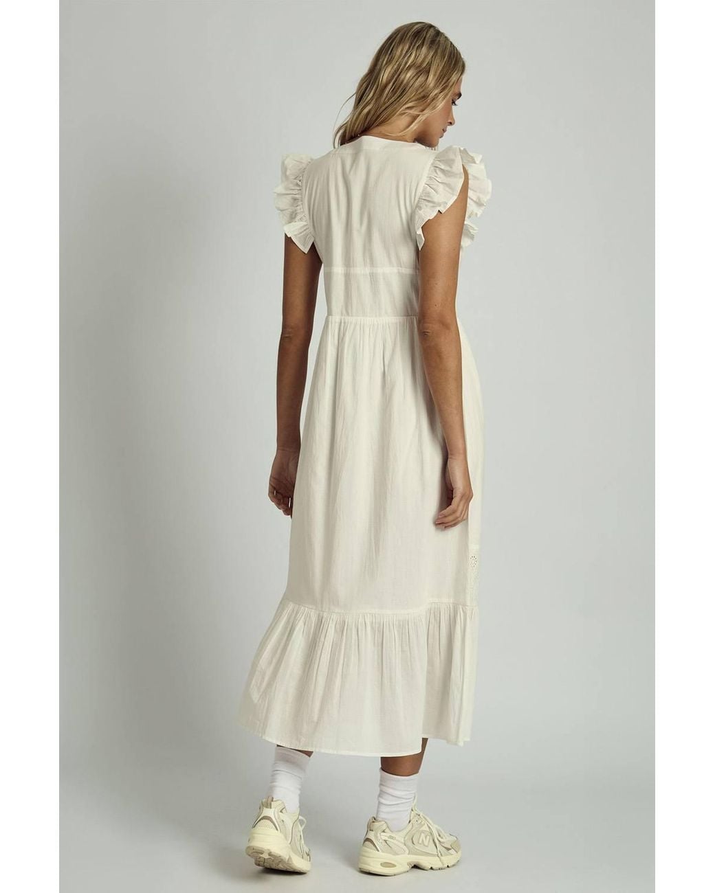 Native Youth Natural Cotton V-Neck Ruffle Sleeve Tie Embroidered Midi Dress
