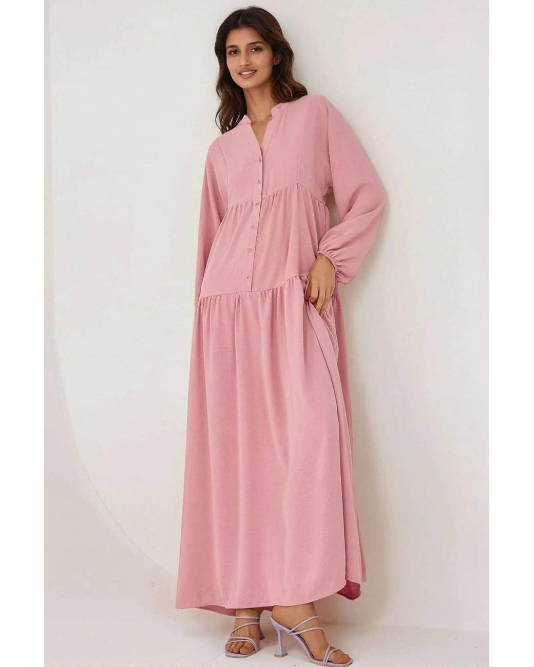 Hiccup Pink Textured V-Neck Maxi Dress With Button Detail