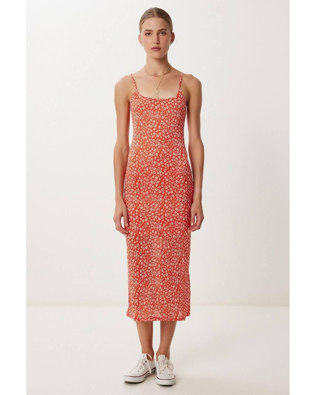Happiness İstanbul Red Square Collar Sleeveless Floral Midi Dress
