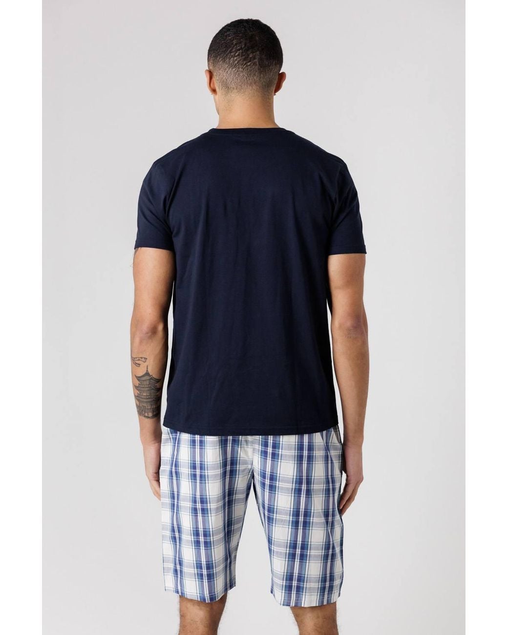 Tokyo Laundry Blue Crew Neck T-Shirt & Checked Shorts Pyjama Set for men