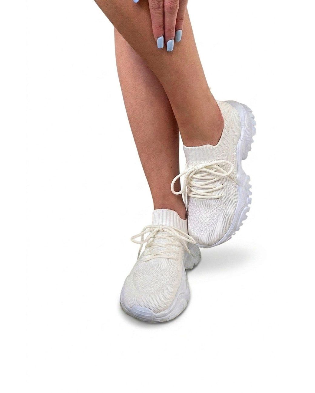 IKRUSH White Ava Lace Up Sock Trainer With Chunky Sole & Knit Upper