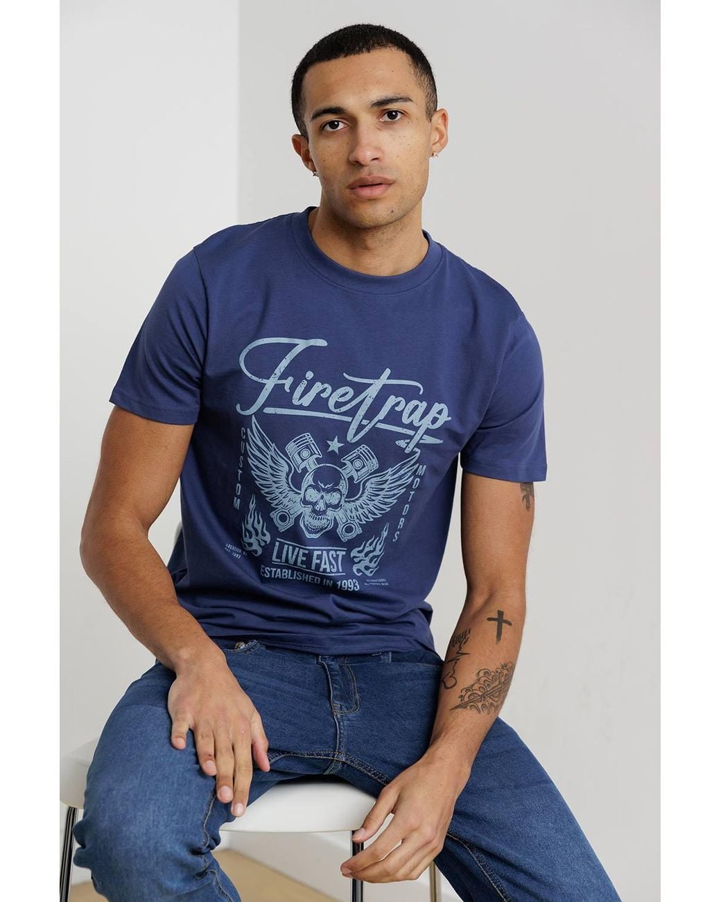 Firetrap Blue 3 Pack Regular Fit Cotton Crew T-Shirts for men