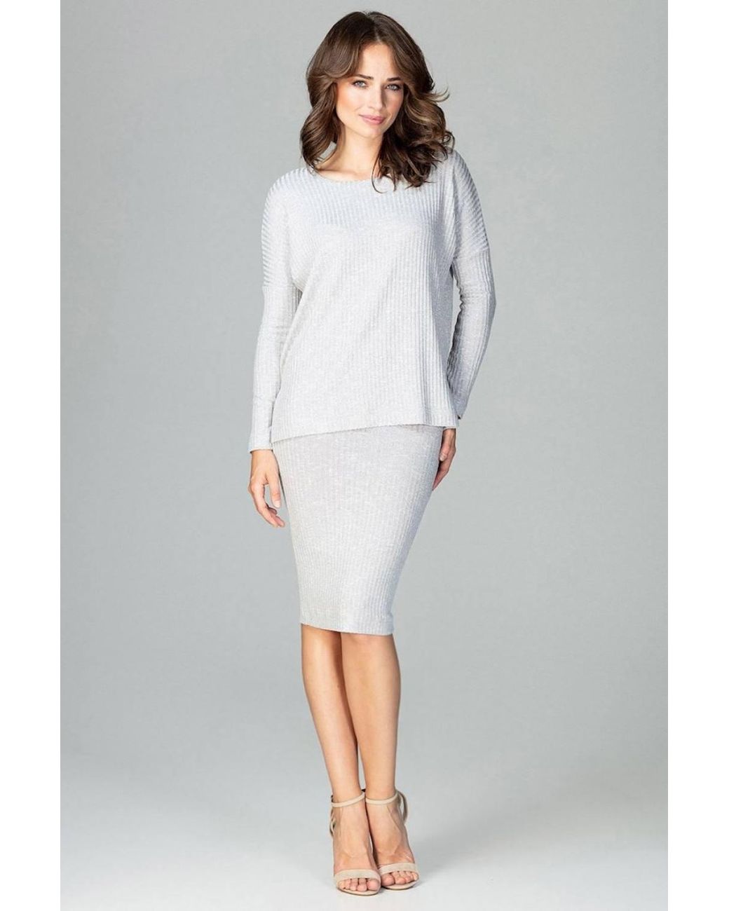 Love Lace Gray Straight Skirt & Long Sleeve Blouse Set