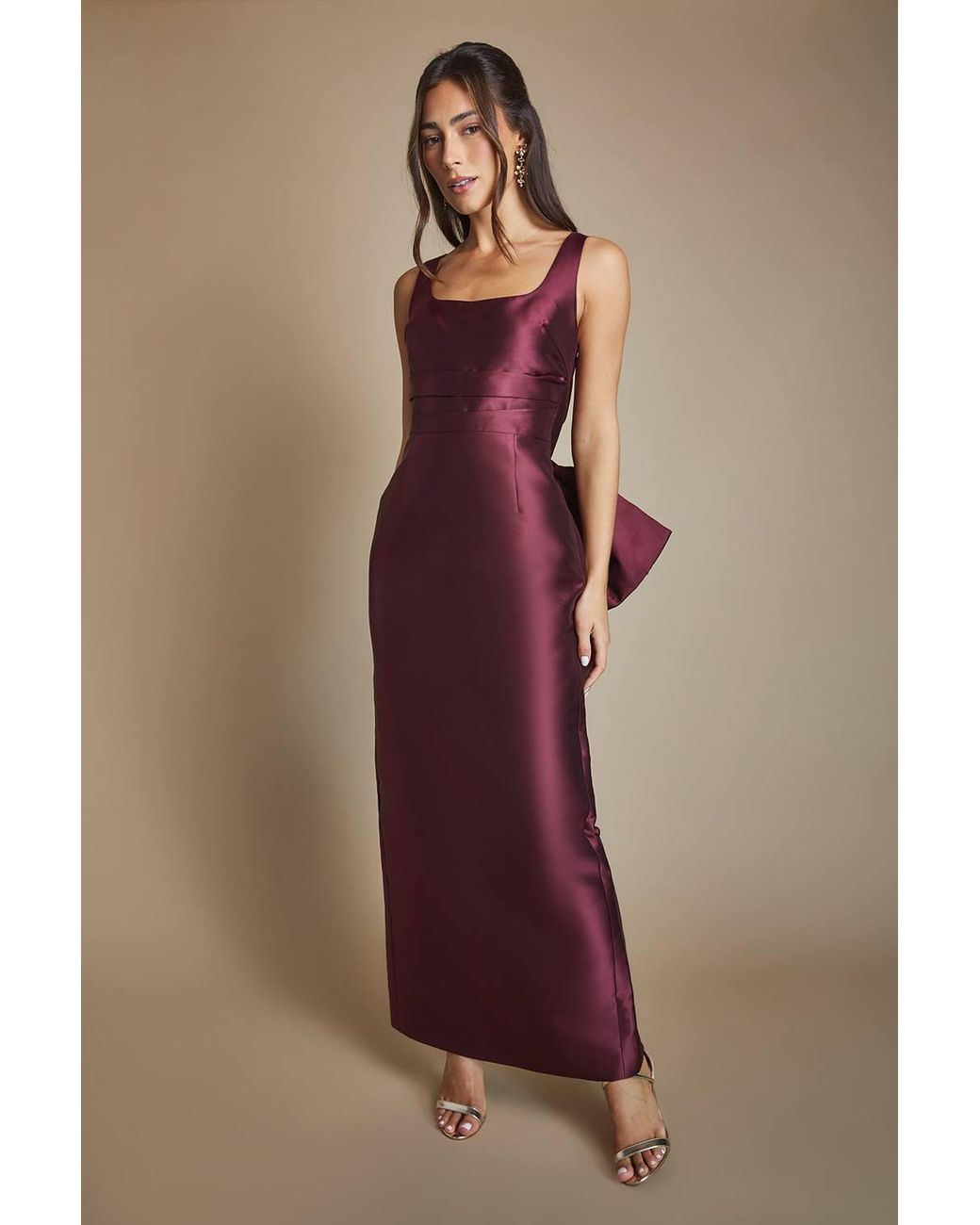 Coast Brown Twill Sleeveless Column Bridesmaid Dress With Statement Bow Back
