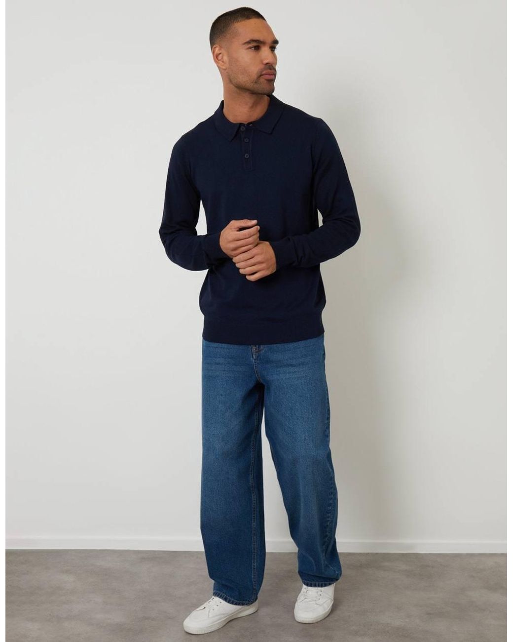 Threadbare Blue Knitted Long Sleeve Polo Jumper for men