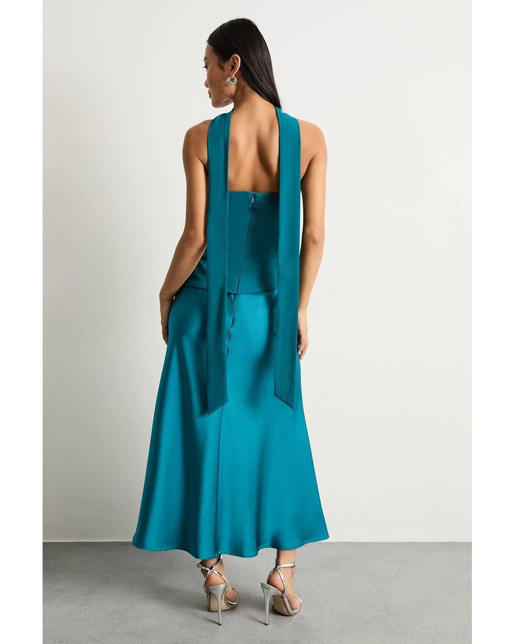 Warehouse Blue Petite Strapless Structured Bodice Satin Midi Dress