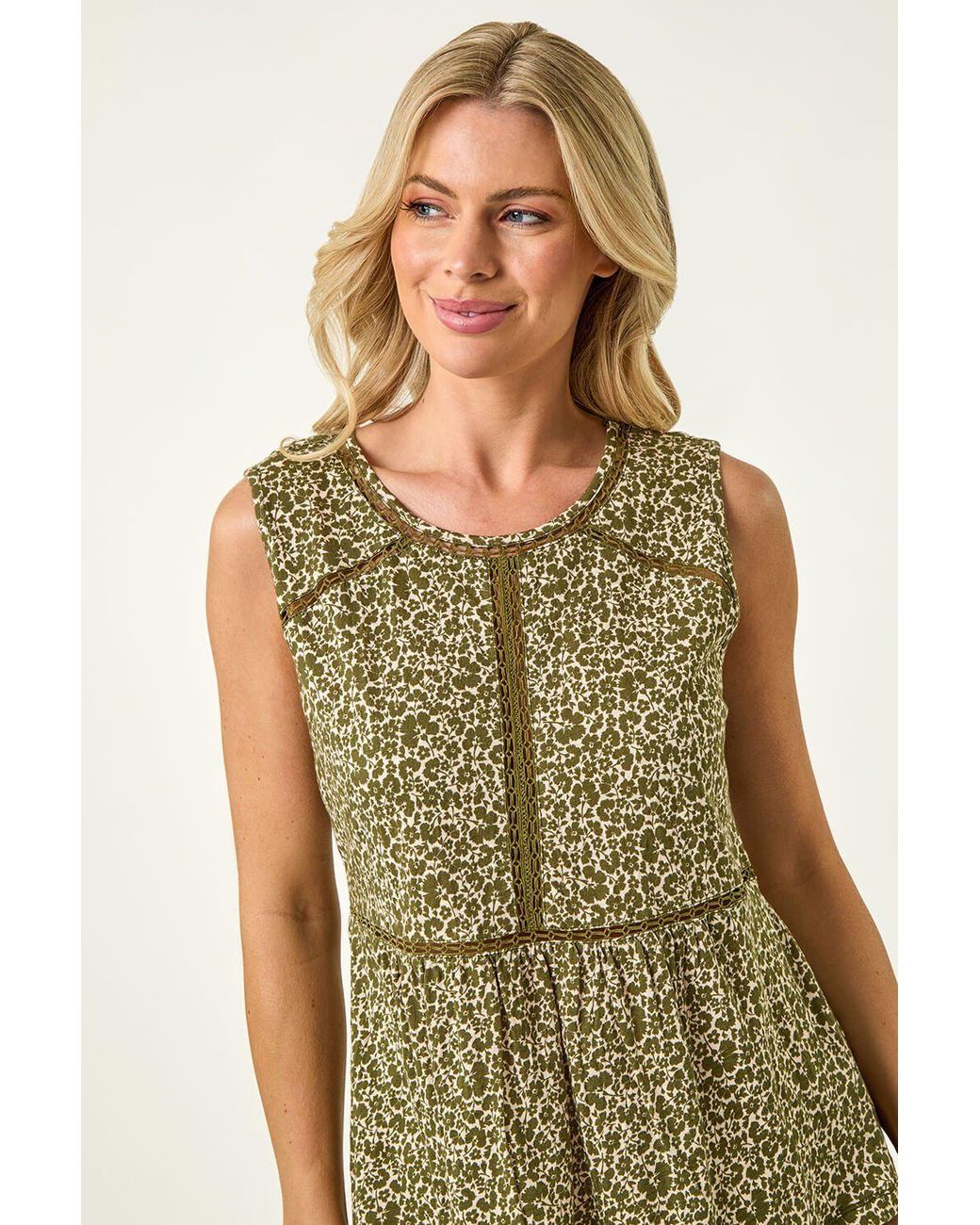 Roman Green Petite Floral Print Trim Vest Top