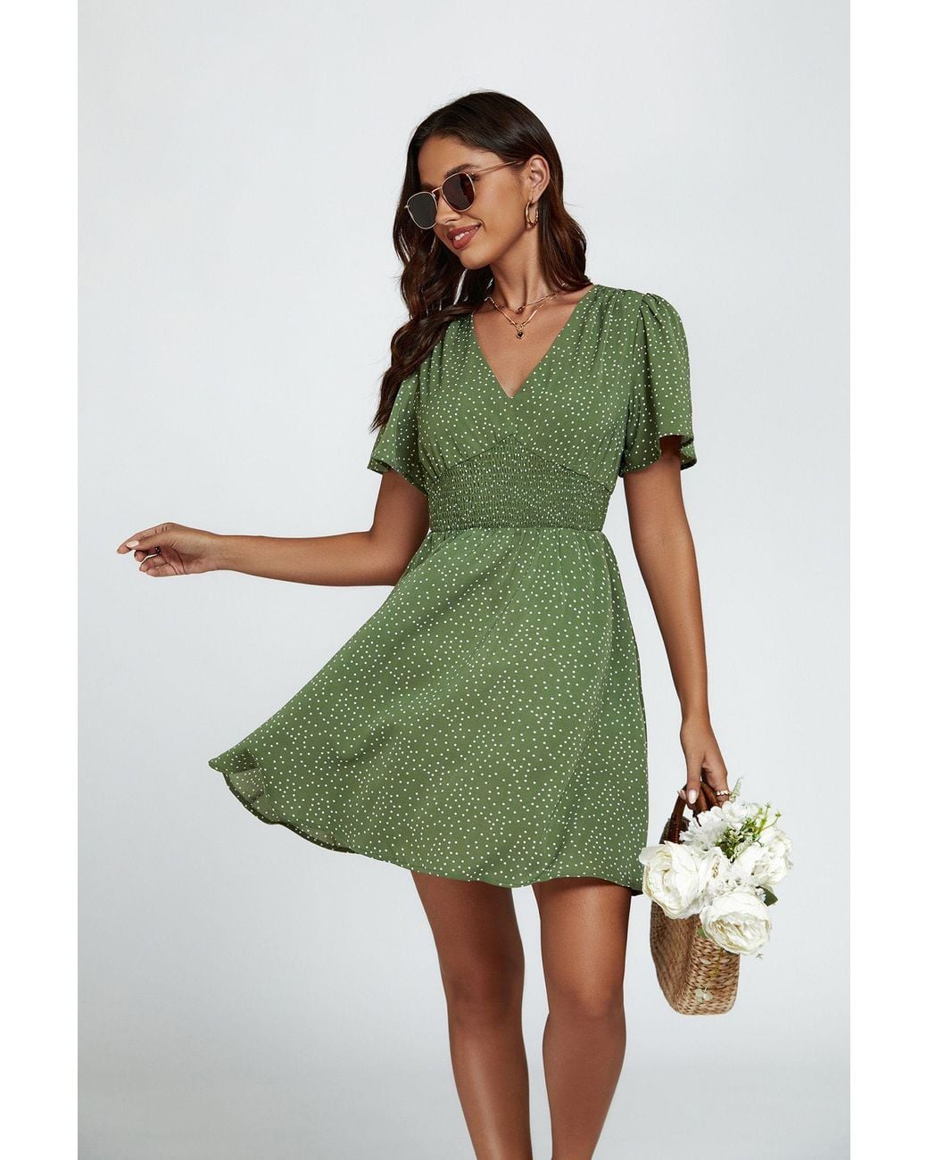 FS Collection Green Polka Dot V-Neck Mini Dress With Shirred Waist
