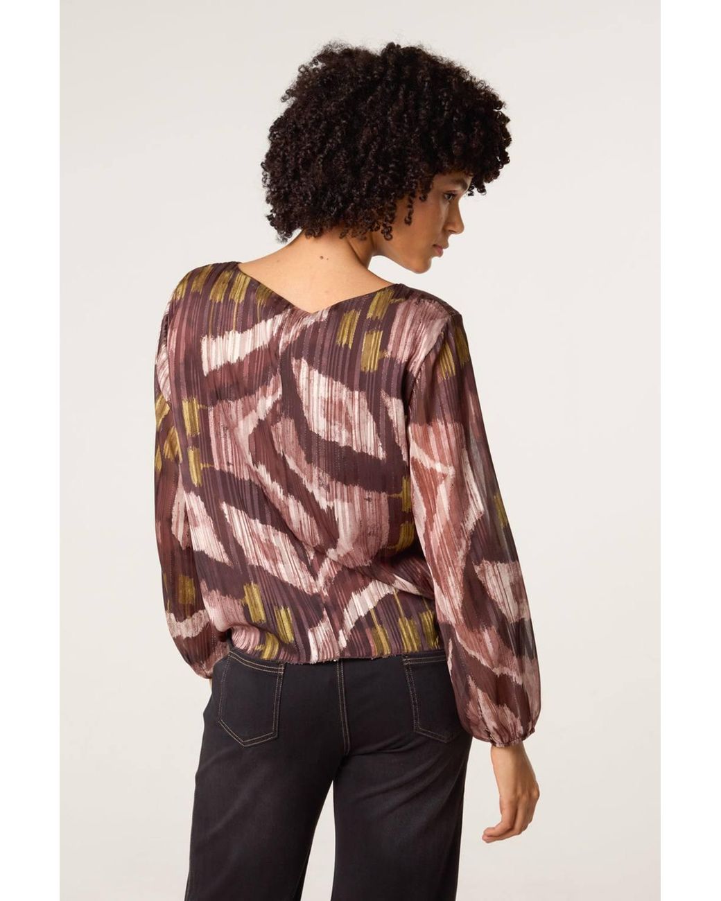 Blue Vanilla Brown Long Sleeve V-Neck Blouse