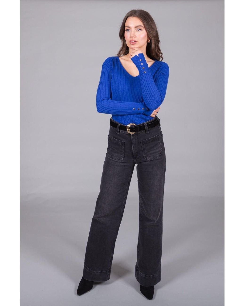 Solo Blue Ribbed V-Neck Jumper With Button Cuffs