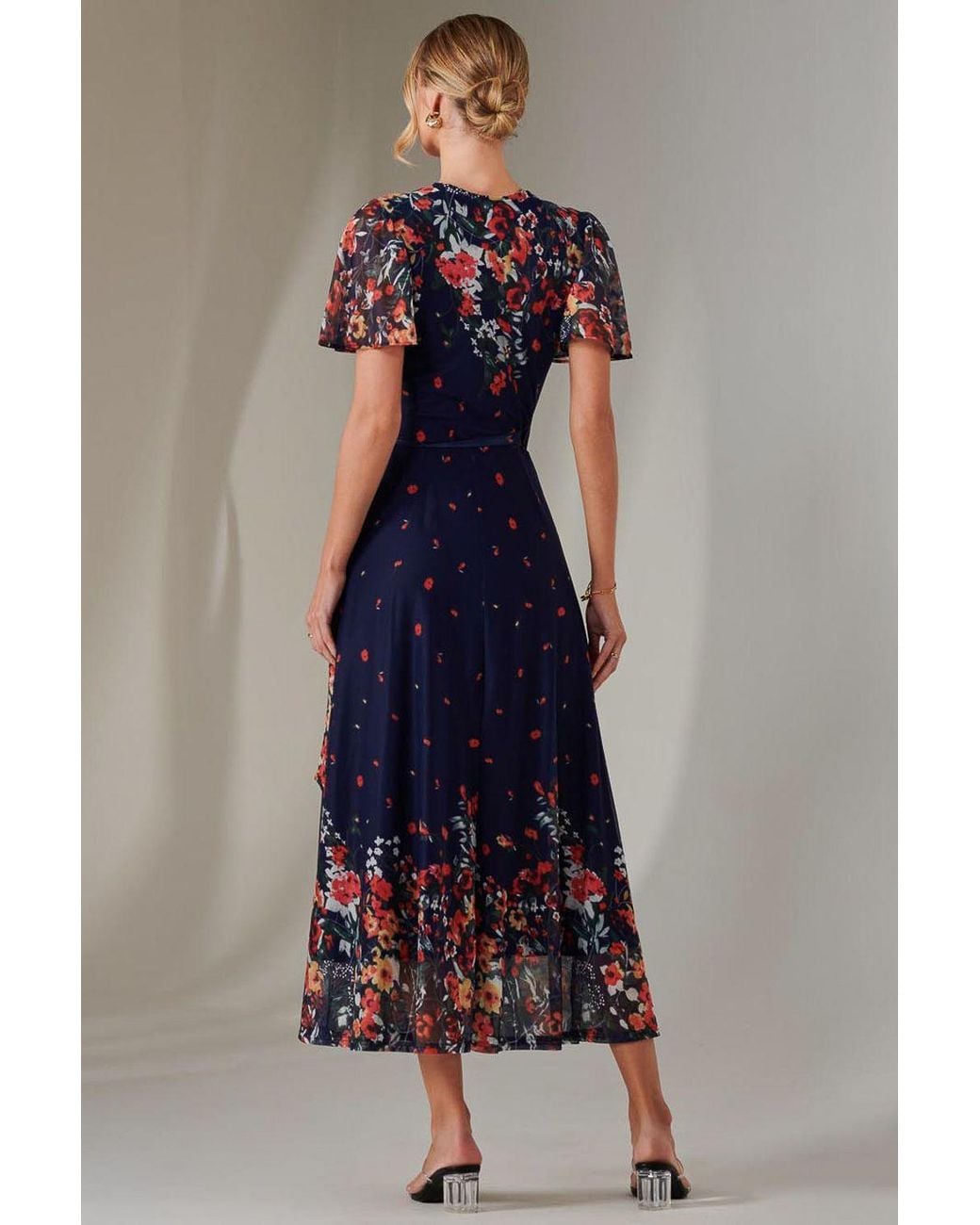 Jolie Moi Blue Mirror Print Mesh Wrap Maxi Dress