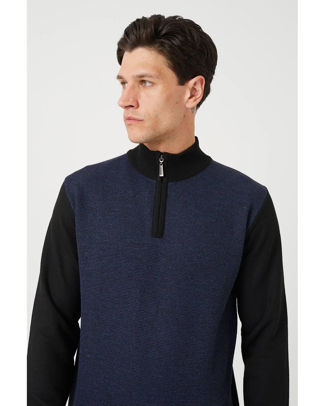 Brave Soul Blue Contrast Panel Quarter Zip Jumper for men